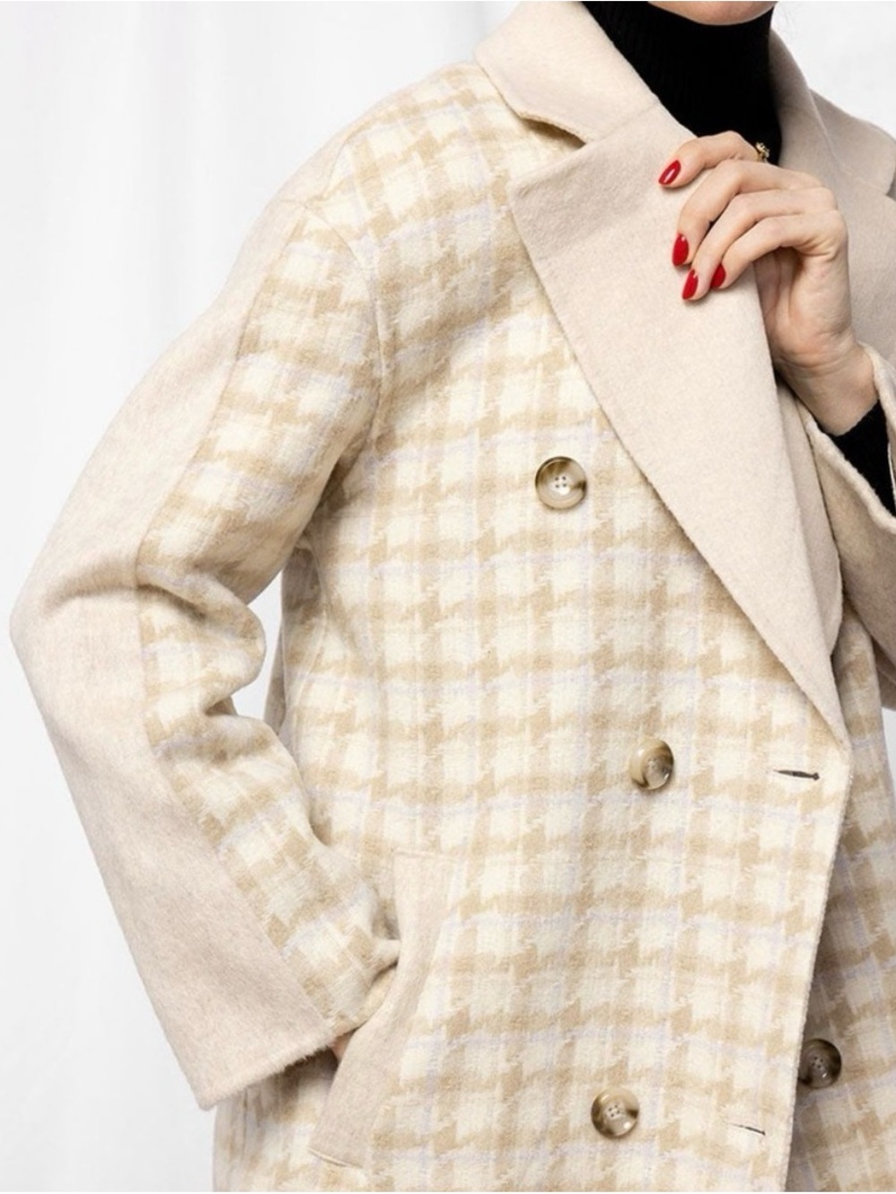 Petite Studio Cream Plaid Double-Breasted Pea Coat